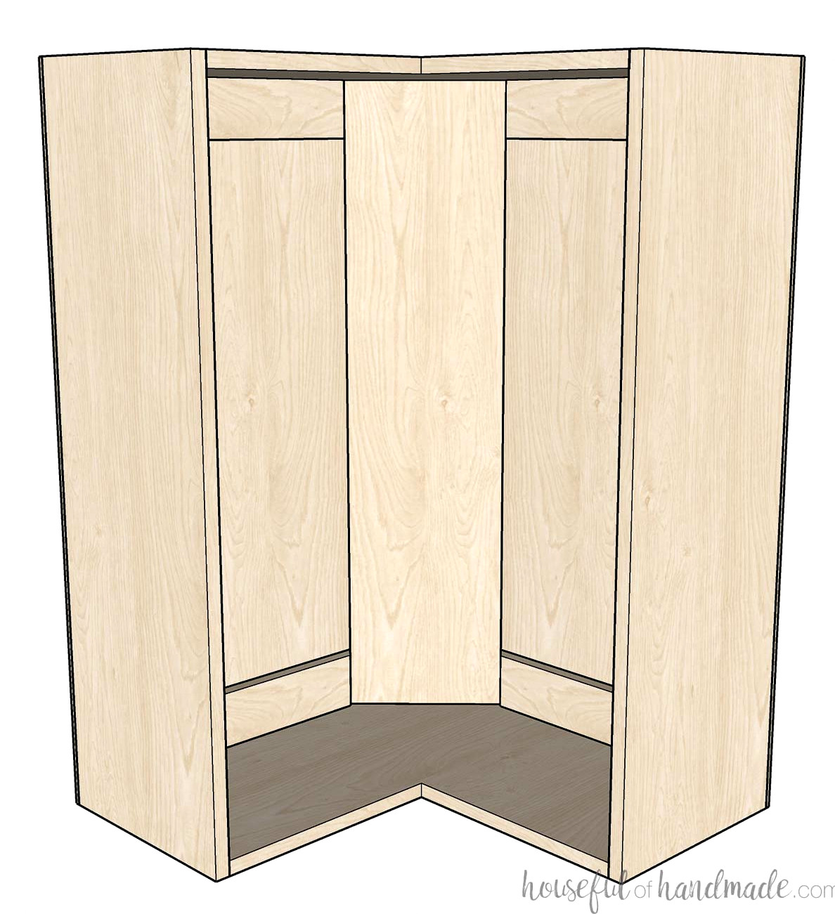 3D Sketch of a frameless bi-fold corner cabinet carcass. 