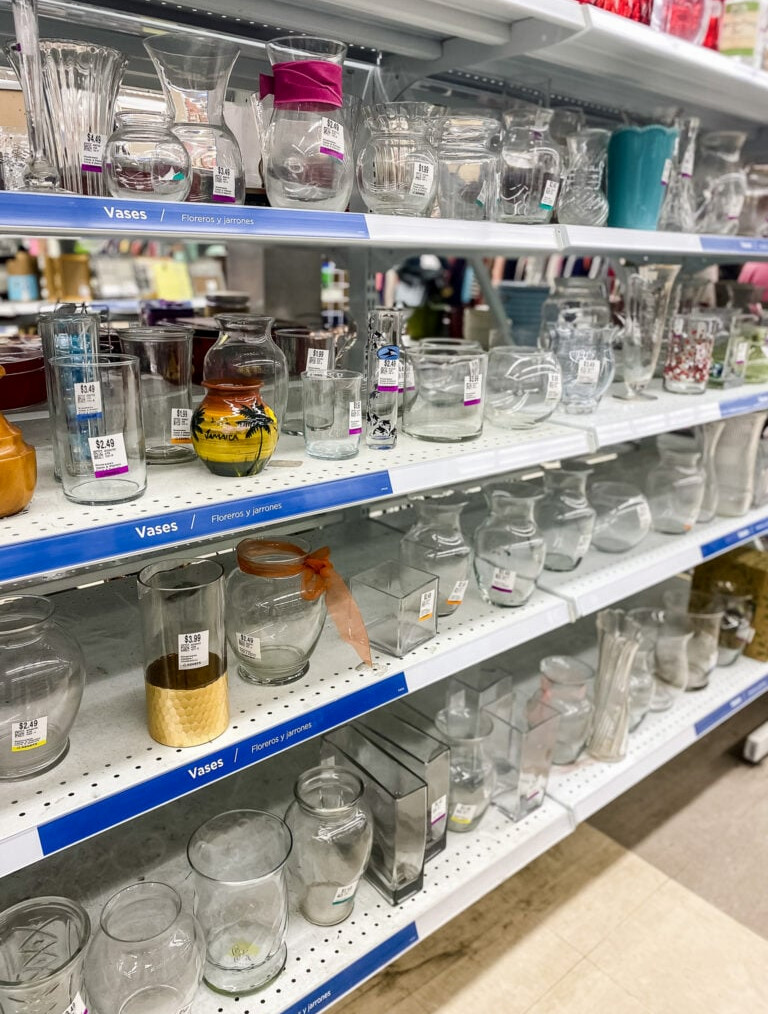 thrift store shelf of vases