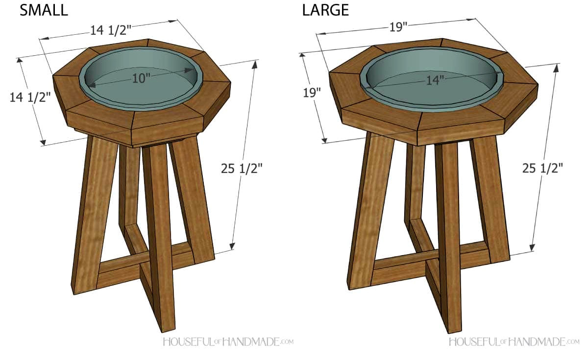 3D diagrams of the two sizes of wood bird baths with dimensions noted.
