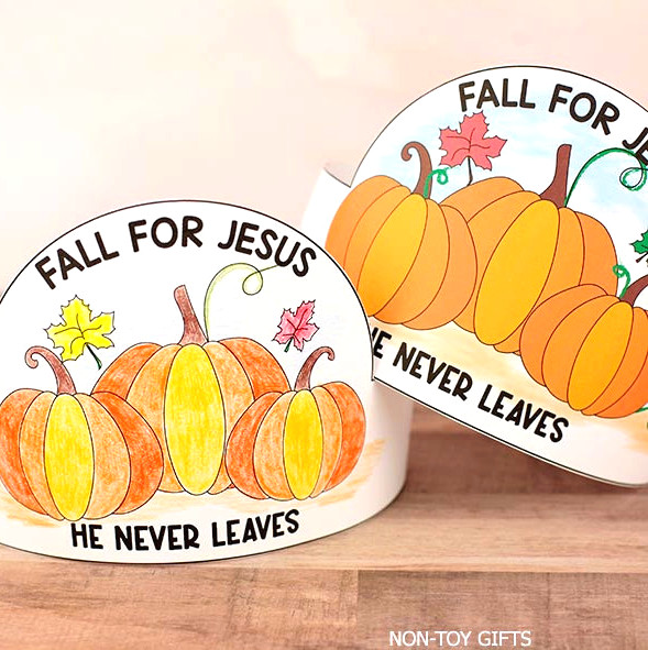 Simple Christian autumn pumpkin hat craft printable decorated with fall leaves and pumpkins for preschool and elementary-aged children.