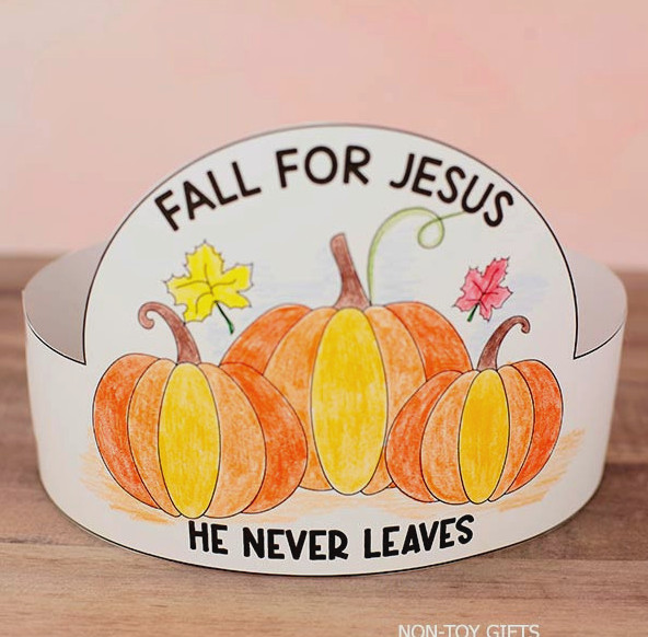 Fall into Jesus He Never Leaves pumpkin hat craft printable for homeschooling, children’s church, and faith-based classrooms.