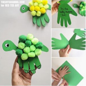 Collage of how to make a Handprint card turtle for Dad
