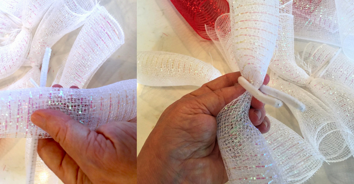 Wrapping a pipe cleaner around rolled deco mesh
