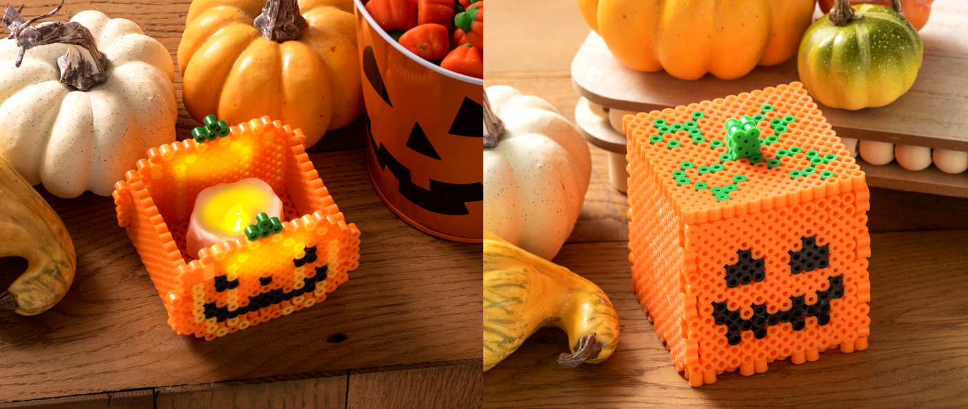 pumpkin jack o lantern votive and small box with perler beads