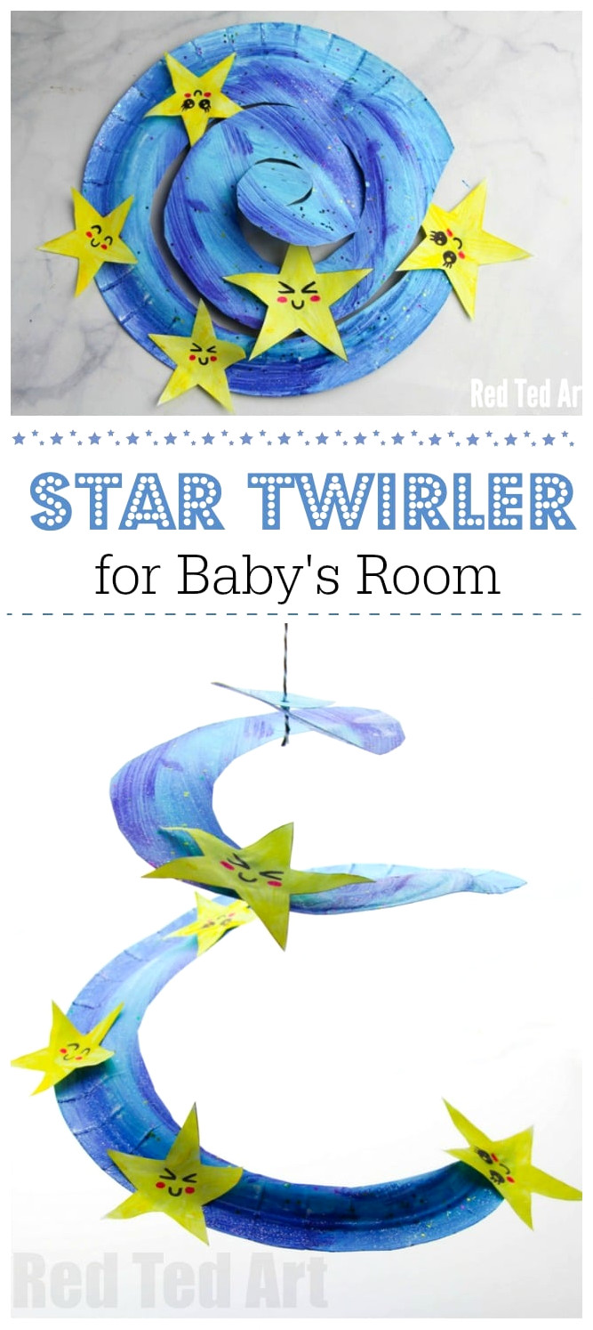 Paper Plate Star Twirler - a super duper cute decoration for baby's room. Single Twinkle Twinkle little star and watch these memsmerizing twirler... so cute! A great way to get crafty with a toddler and welcome a new baby! A lovely New Year's Eve decoration for young kids too! #baby #roomdecor #twinkletwinkle #toddlers