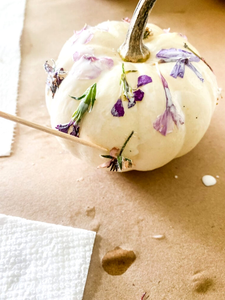 adding small pressed flowers to a small pumpkin