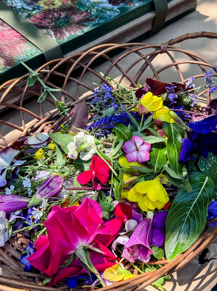 basket of garden flowers that are going to be pressed