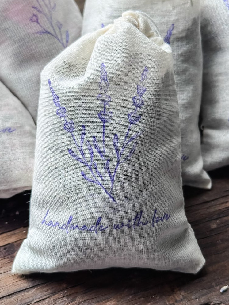 homemade lavender sachet in a stamped muslin bag